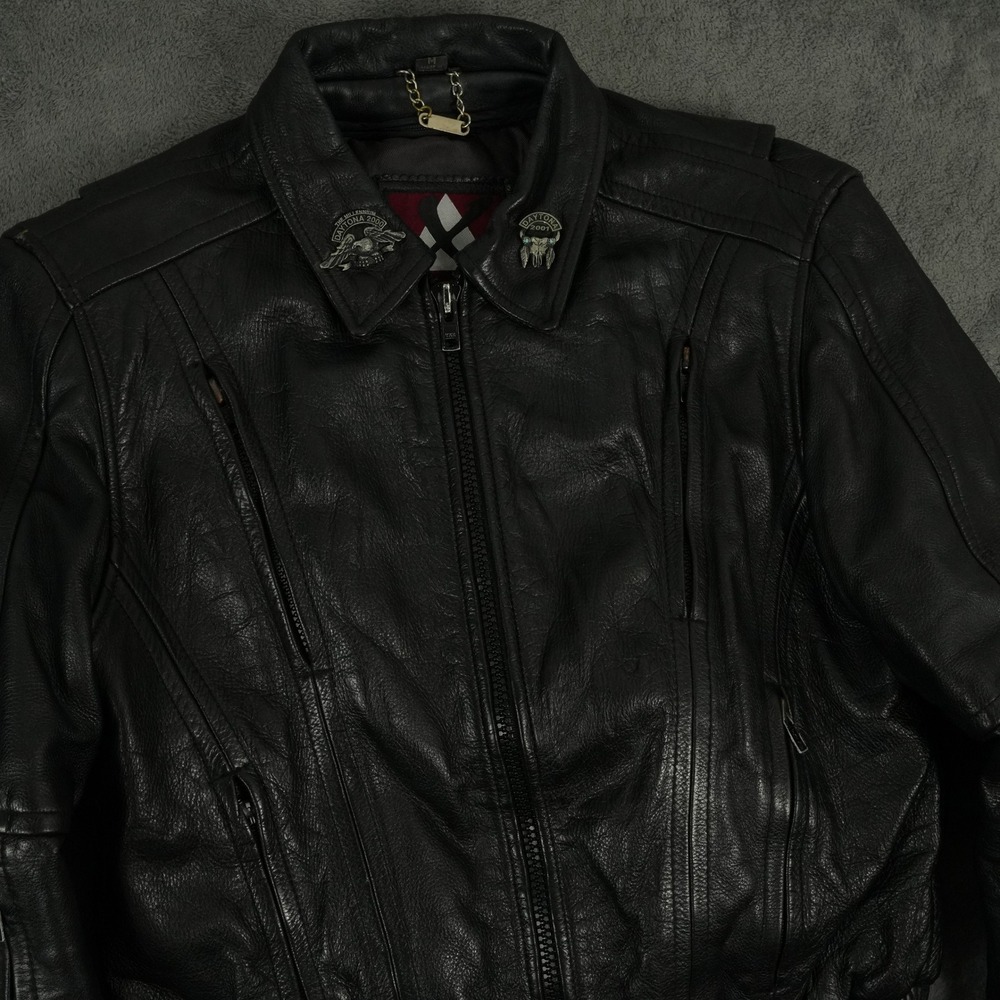 VTG Leather Motorcycle Jacket Men M Black Harley Davidson Patch Daytona Pins